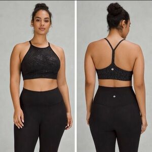 LULULEMON Flow Y Wrap-Front High-Neck Bra Sz 8 Women's Black Sparkle Sports Bra